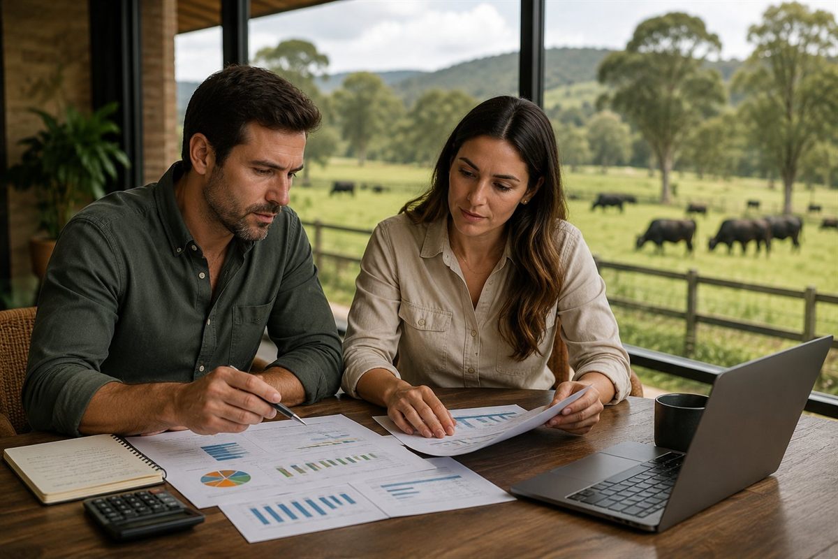 Empresarios del sector agropecuario revisando indicadores financieros