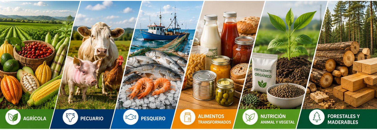 Sectores agropecuario, pecuario, pesquero, alimentos transformados, nutrición animal y vegetal orgánica, forestales y maderables