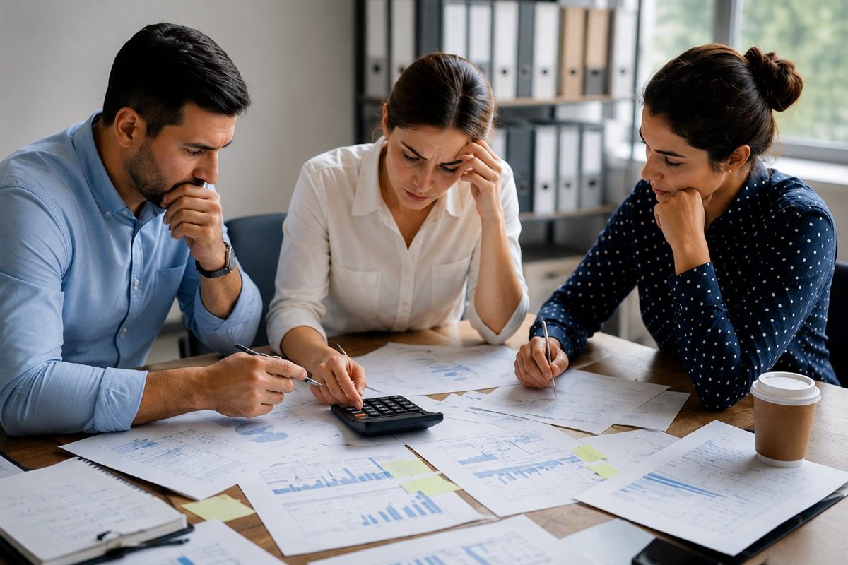 Empresarios revisando cifras financieras preocupados por la liquidez y la carga tributaria